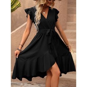 Butterfly Sleeve Ruffle Trim Wrap Hem Belted high low midi Dress